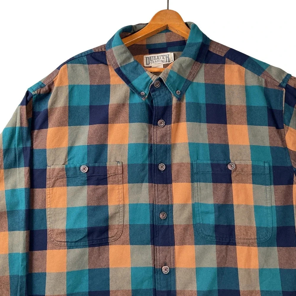 Duluth Trading Co Button Down Mens 2XL Tall Teal Orange Plaid Relaxed Fit Shirt
